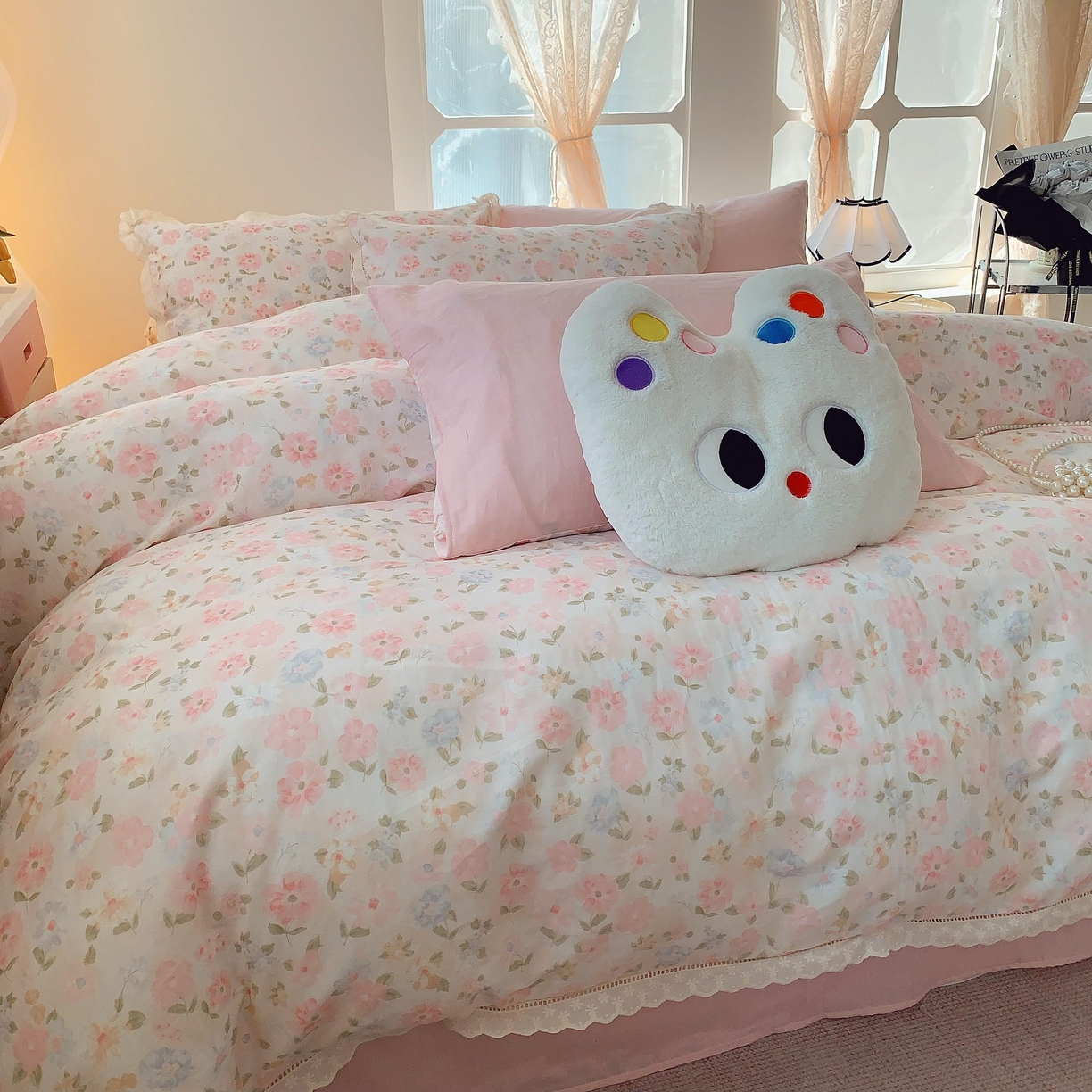 91家纺网 家纺一手货源 找家纺 莱豫家纺 2025春夏新款双层纱花边四件套 阳光花朵