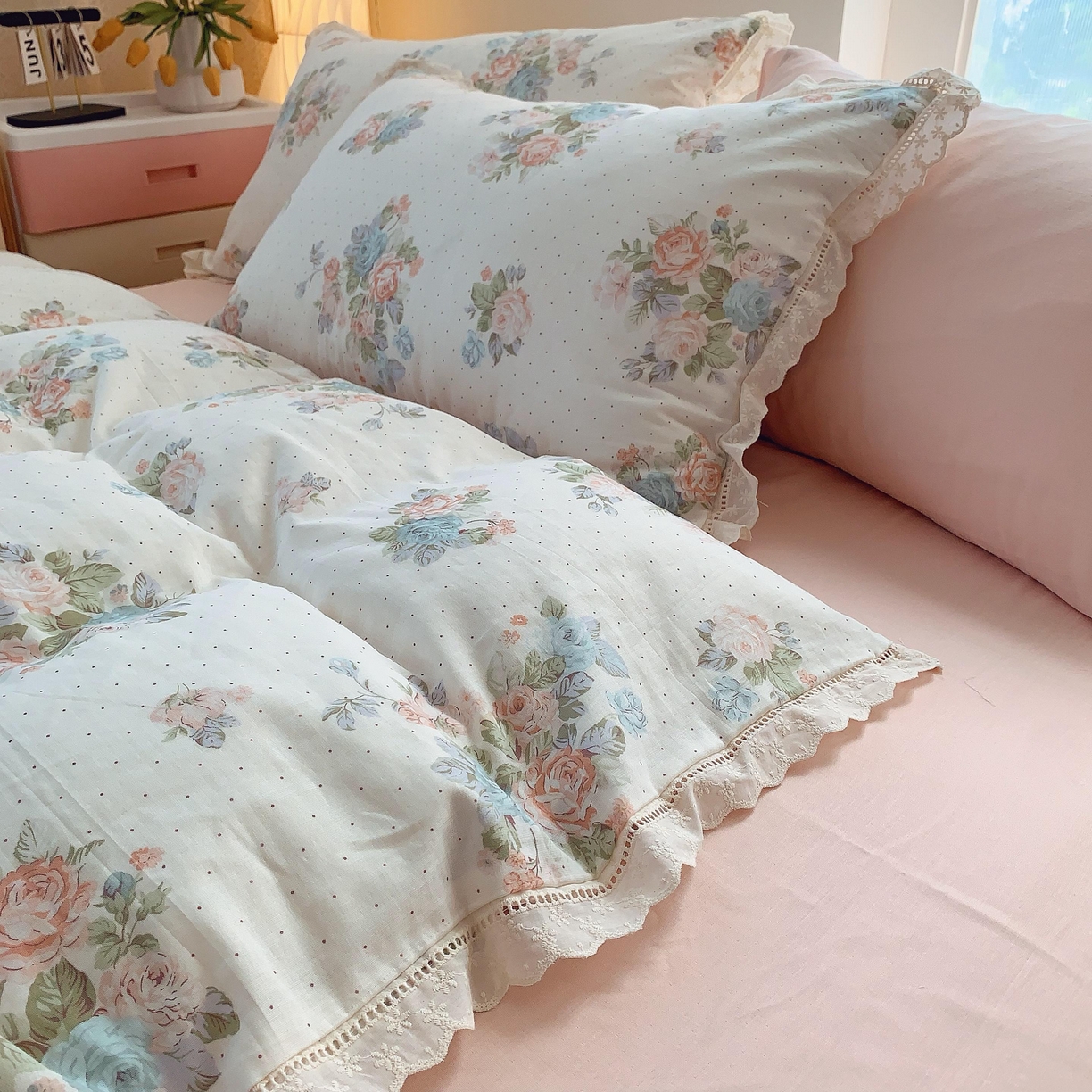 91家纺网 家纺一手货源 找家纺 莱豫家纺 2025春夏新款双层纱花边四件套 花舞轻盈