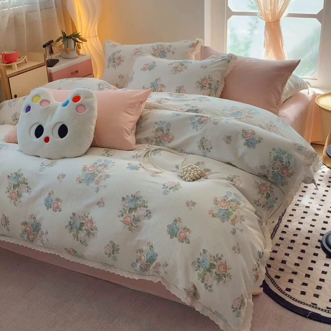 91家纺网 家纺一手货源 找家纺 莱豫家纺 2025春夏新款双层纱花边四件套 花舞轻盈