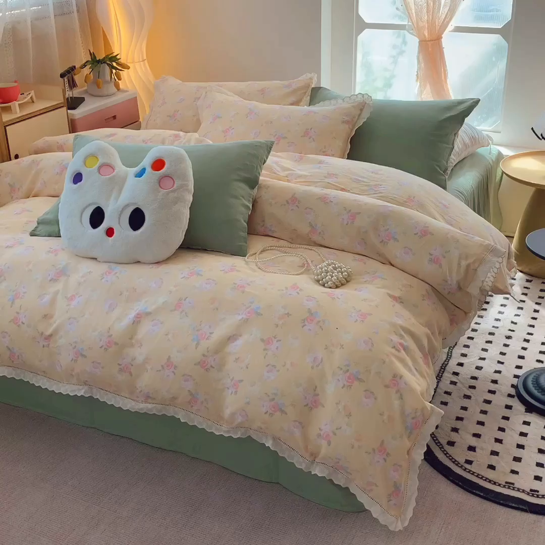 91家纺网 家纺一手货源 找家纺 莱豫家纺 2025春夏新款双层纱花边四件套 月揽千华