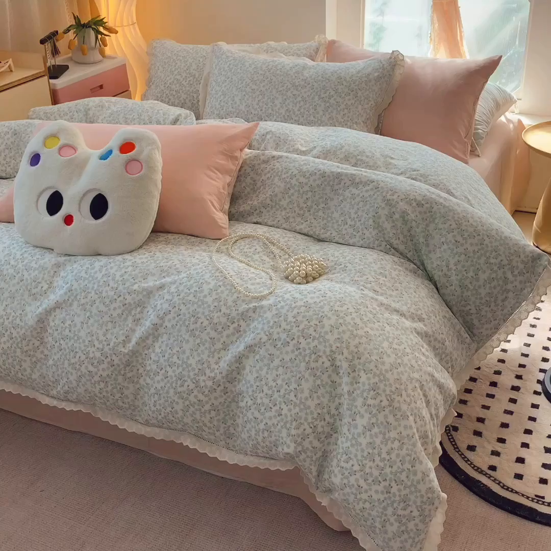 91家纺网 家纺一手货源 找家纺 莱豫家纺 2025春夏新款双层纱花边四件套 秋之寄语兰