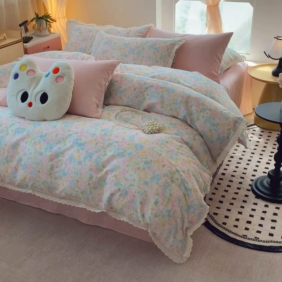 91家纺网 家纺一手货源 找家纺 莱豫家纺 2025春夏新款双层纱花边四件套 花香魅影