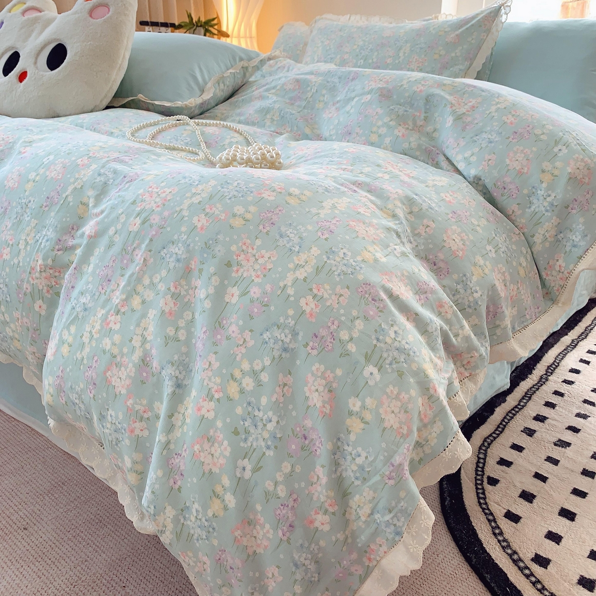 91家纺网 家纺一手货源 找家纺 莱豫家纺 2025春夏新款双层纱花边四件套 花海恋人绿