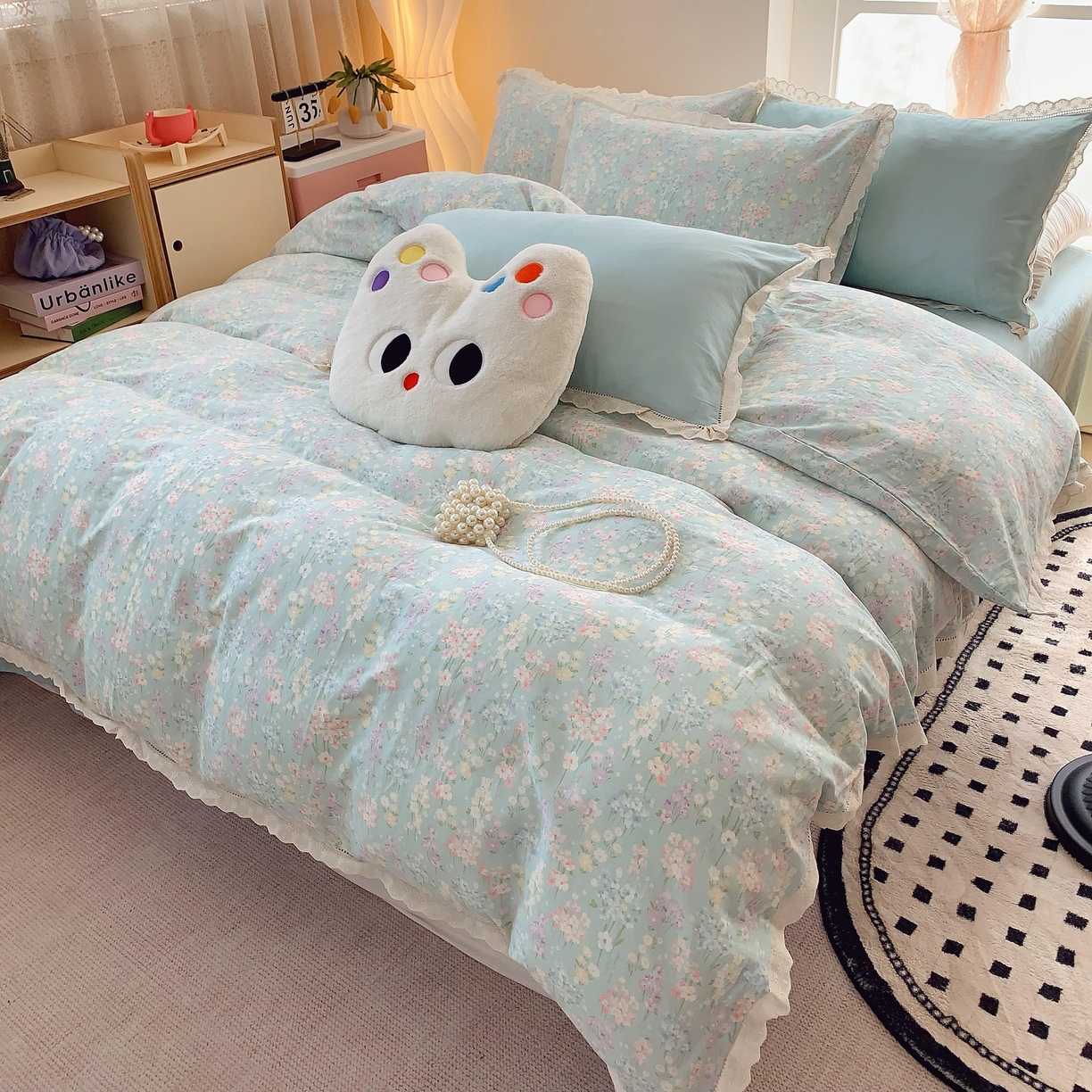 91家纺网 家纺一手货源 找家纺 莱豫家纺 2025春夏新款双层纱花边四件套 花海恋人绿