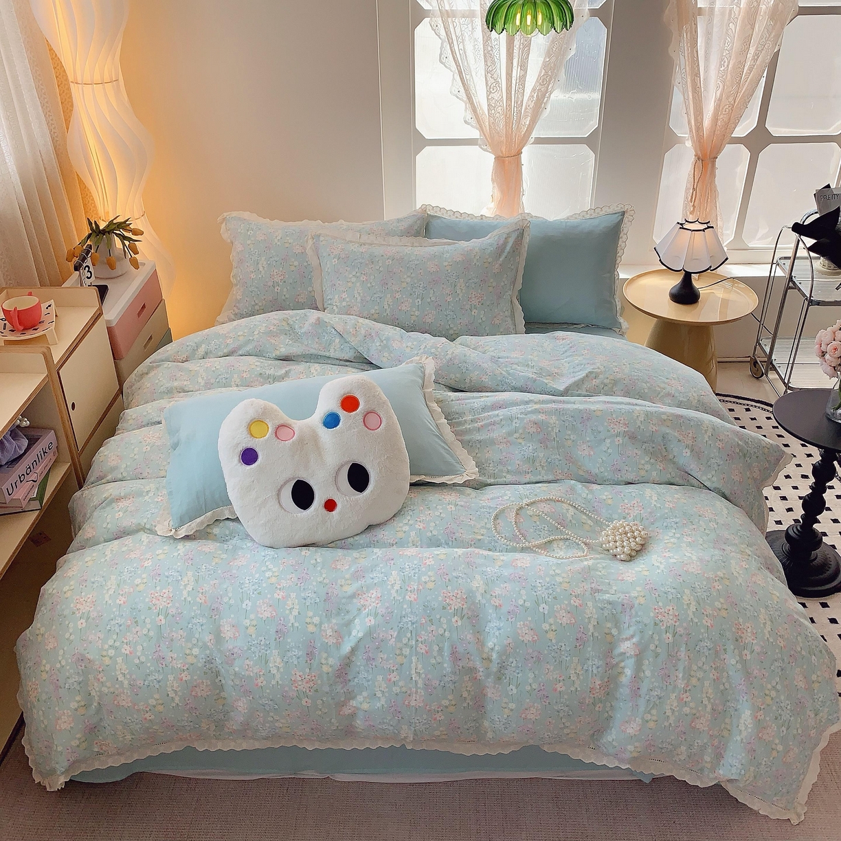 91家纺网 家纺一手货源 找家纺 莱豫家纺 2025春夏新款双层纱花边四件套 花海恋人绿