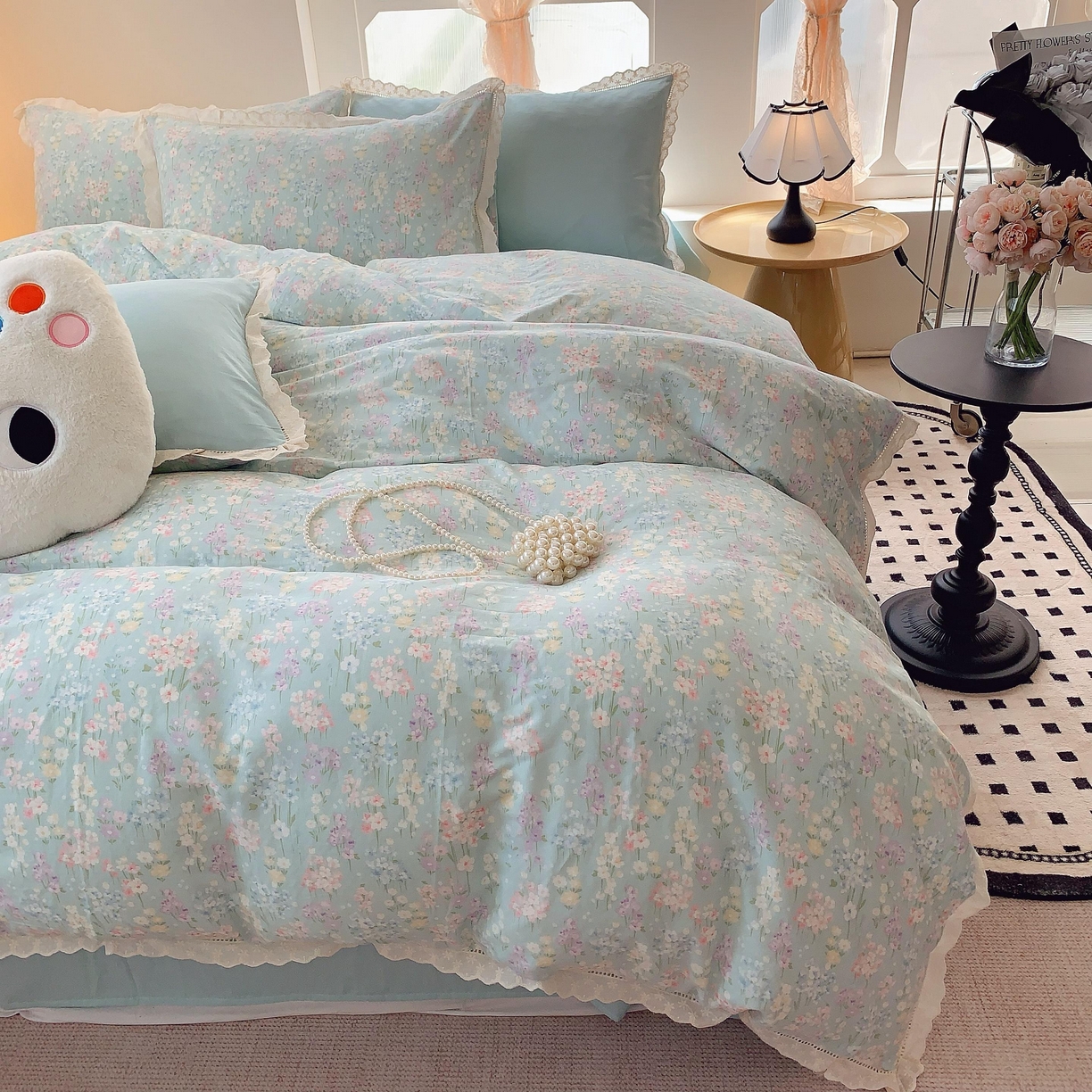 91家纺网 家纺一手货源 找家纺 莱豫家纺 2025春夏新款双层纱花边四件套 花海恋人绿