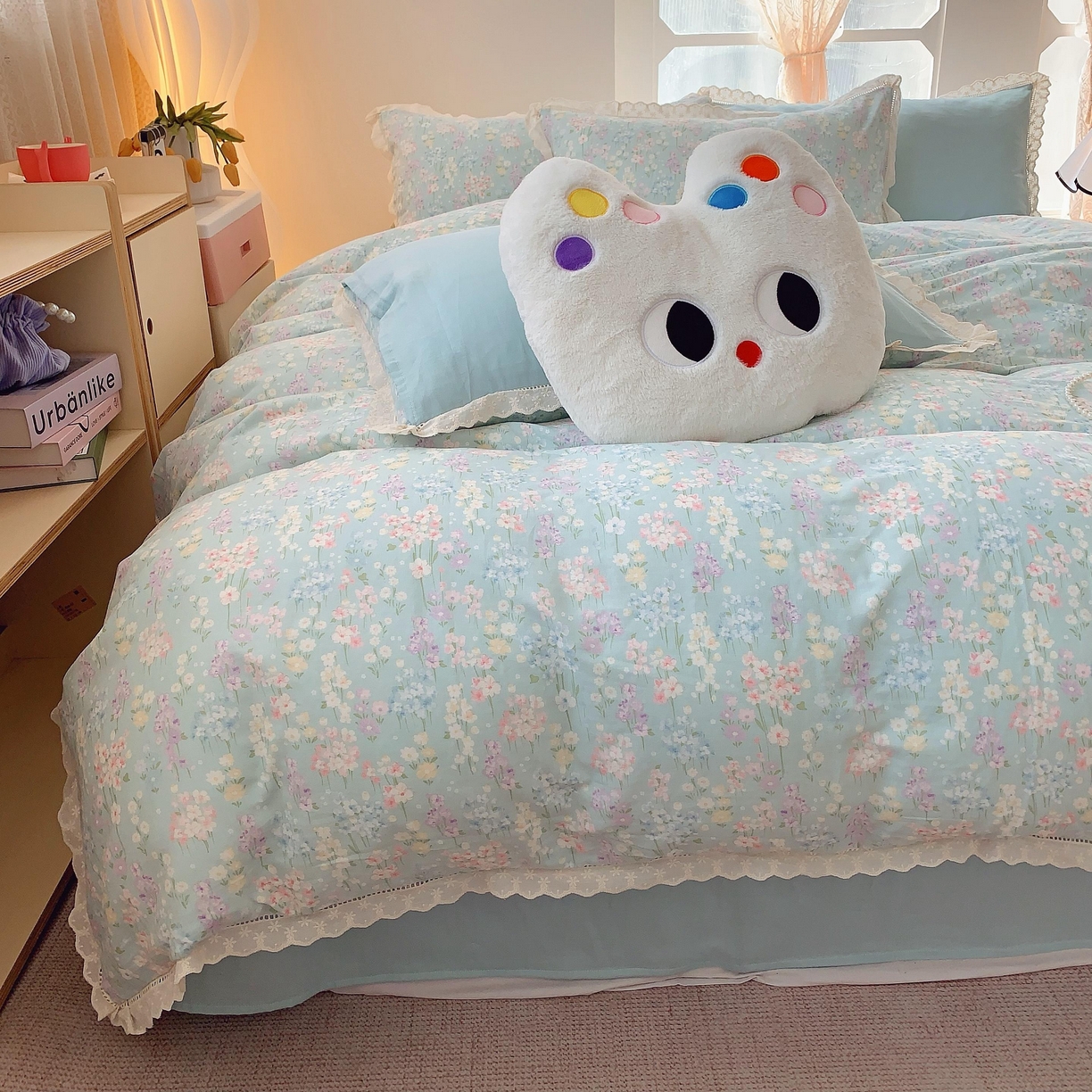 91家纺网 家纺一手货源 找家纺 莱豫家纺 2025春夏新款双层纱花边四件套 花海恋人绿