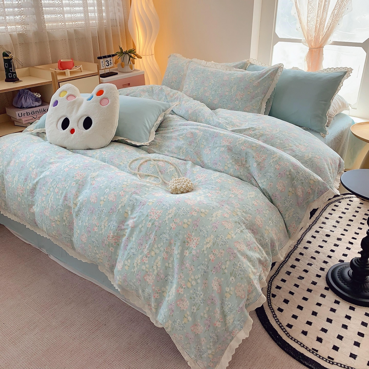 91家纺网 家纺一手货源 找家纺 莱豫家纺 2025春夏新款双层纱花边四件套 花海恋人绿