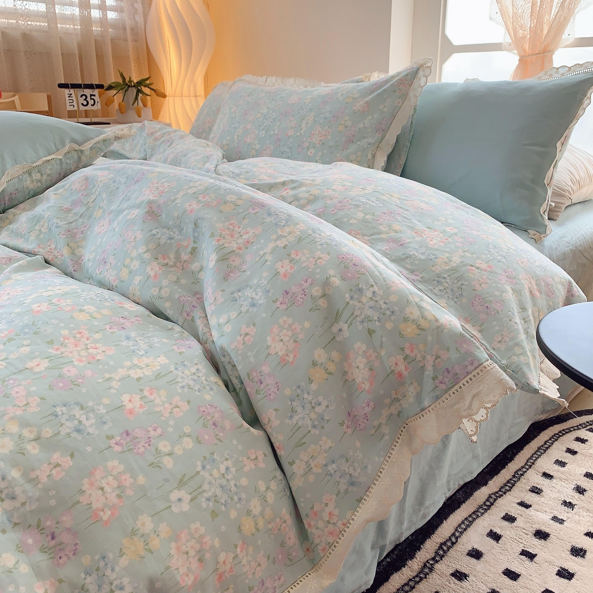 91家纺网 家纺一手货源 找家纺 莱豫家纺 2025春夏新款双层纱花边四件套 花海恋人绿