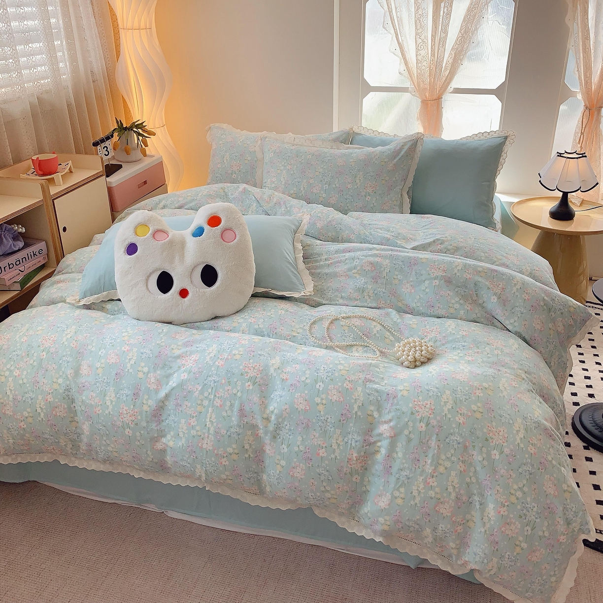 91家纺网 家纺一手货源 找家纺 莱豫家纺 2025春夏新款双层纱花边四件套 花海恋人绿