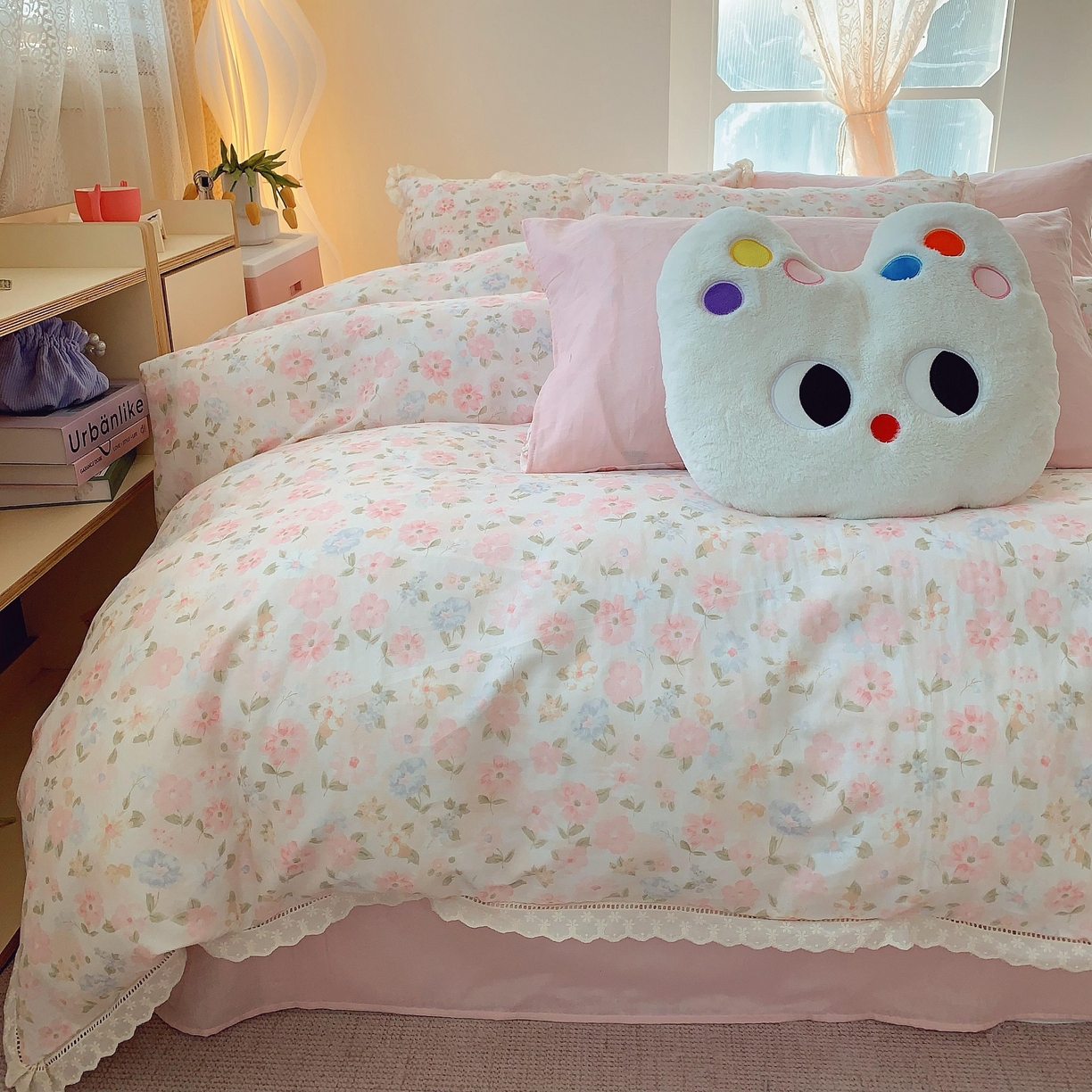 91家纺网 家纺一手货源 找家纺 莱豫家纺 2025春夏新款双层纱花边四件套 阳光花朵