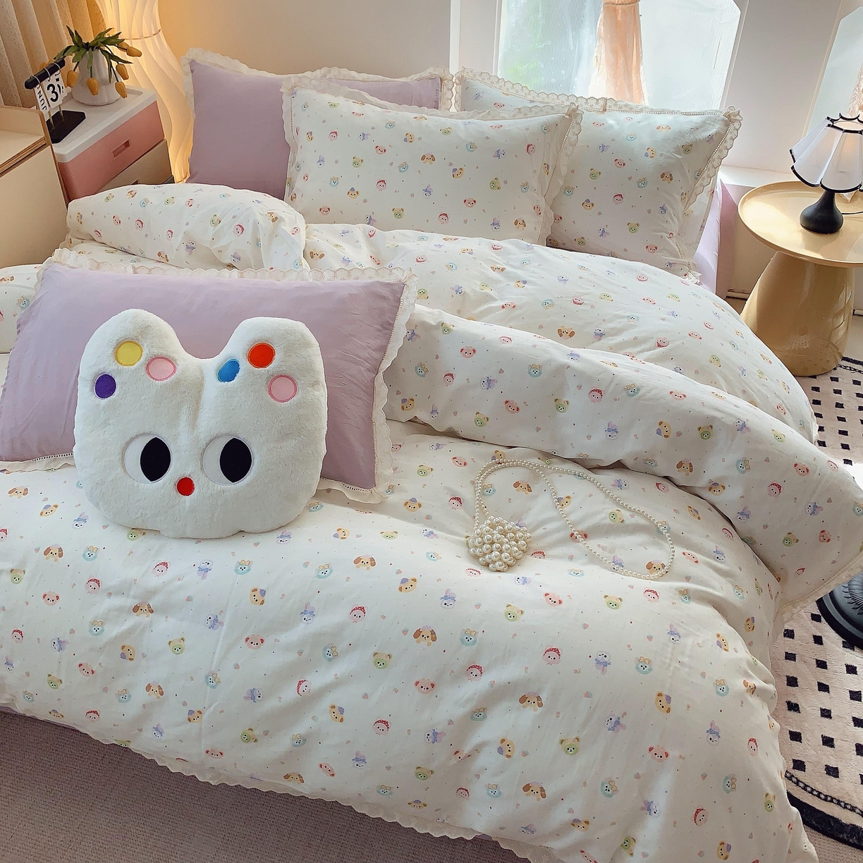 91家纺网 家纺一手货源 找家纺 莱豫家纺 2025春夏新款双层纱花边四件套 涂鸦乐园