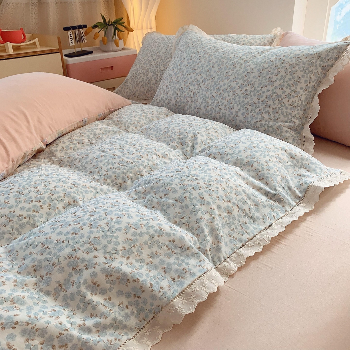 91家纺网 家纺一手货源 找家纺 莱豫家纺 2025春夏新款双层纱花边四件套 秋之寄语兰