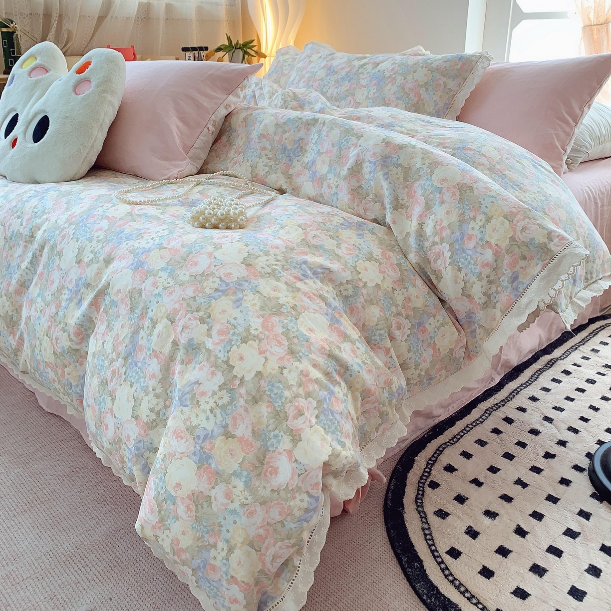 91家纺网 家纺一手货源 找家纺 莱豫家纺 2025春夏新款双层纱花边四件套 暖阳绿意