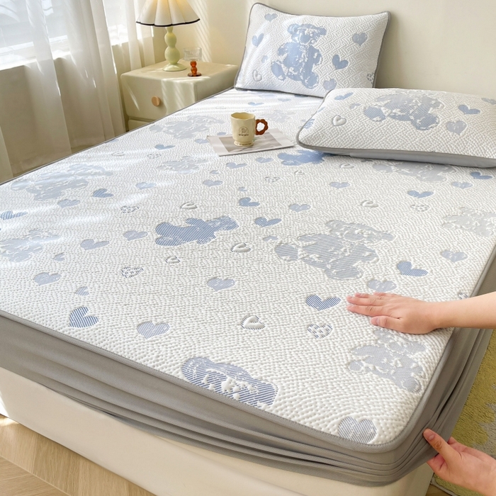 LIFE.丽芙 2025春夏季新品A类针织提花冰凉豆豆凉感软席床笠三件套加厚冰丝凉席床罩单件（450克）-风格一 熊世界-海蓝