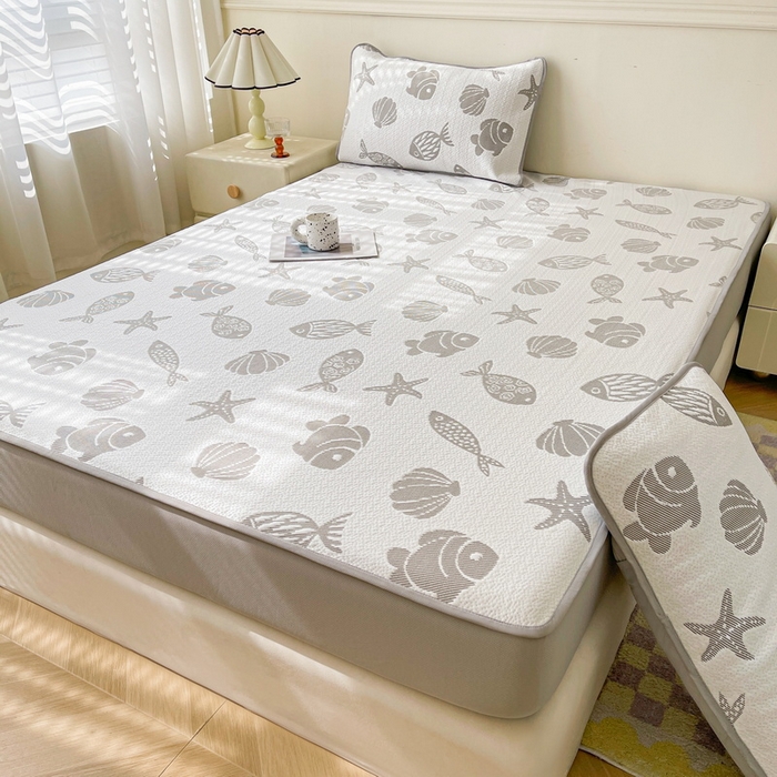 91家纺网 家纺一手货源 找家纺 LIFE.丽芙 2025春夏季新品A类针织提花冰凉豆豆凉感软席床笠三件套加厚冰丝凉席床罩单件（450克）-风格一 海底世界-灰