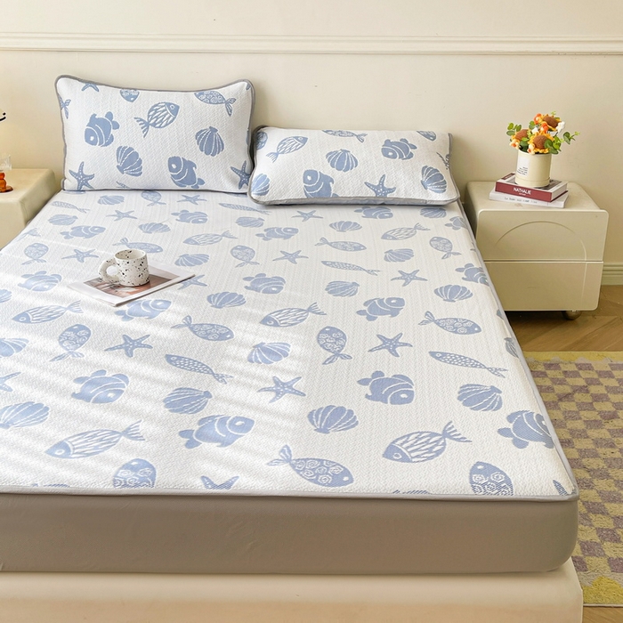 91家纺网 家纺一手货源 找家纺 LIFE.丽芙 2025春夏季新品A类针织提花冰凉豆豆凉感软席床笠三件套加厚冰丝凉席床罩单件（450克）-风格一 海底世界-海蓝