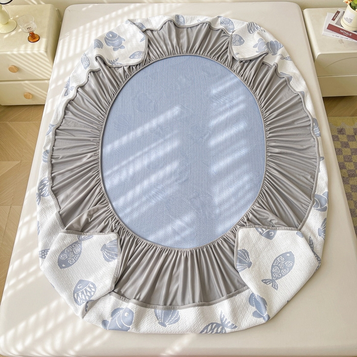 91家纺网 家纺一手货源 找家纺 LIFE.丽芙 2025春夏季新品A类针织提花冰凉豆豆凉感软席床笠三件套加厚冰丝凉席床罩单件（450克）-风格一 海底世界-海蓝