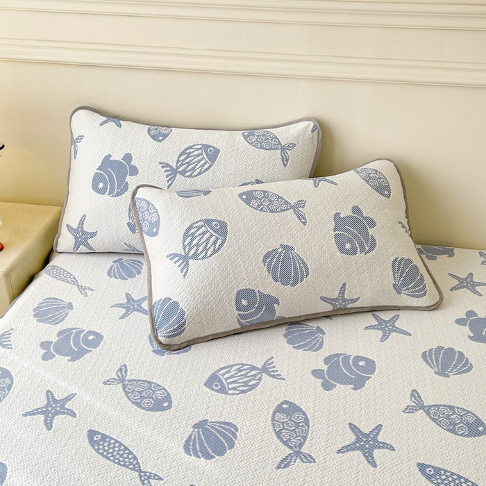 91家纺网 家纺一手货源 找家纺 LIFE.丽芙 2025春夏季新品A类针织提花冰凉豆豆凉感软席床笠三件套加厚冰丝凉席床罩单件（450克）-风格一 海底世界-海蓝