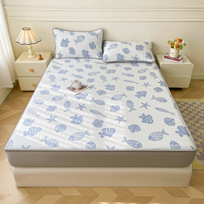 91家纺网 家纺一手货源 找家纺 LIFE.丽芙 2025春夏季新品A类针织提花冰凉豆豆凉感软席床笠三件套加厚冰丝凉席床罩单件（450克）-风格一 海底世界-海蓝