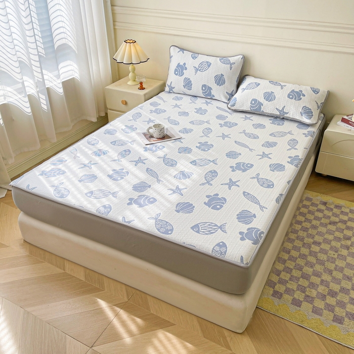 91家纺网 家纺一手货源 找家纺 LIFE.丽芙 2025春夏季新品A类针织提花冰凉豆豆凉感软席床笠三件套加厚冰丝凉席床罩单件（450克）-风格一 海底世界-海蓝