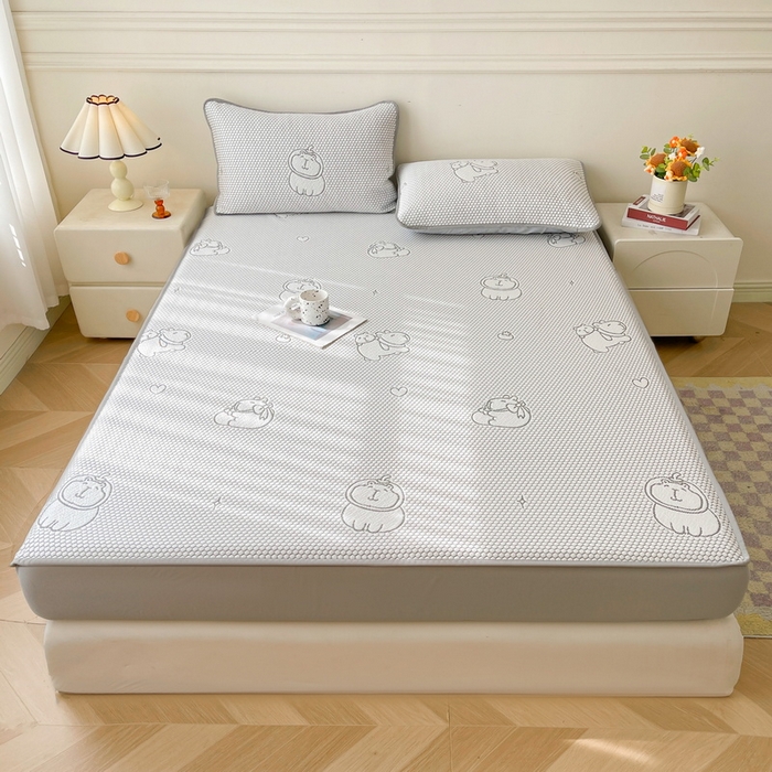 91家纺网 家纺一手货源 找家纺 LIFE.丽芙 2025春夏季新品A类针织提花冰凉豆豆凉感软席床笠三件套加厚冰丝凉席床罩单件（450克）-风格一 卡皮巴拉-灰