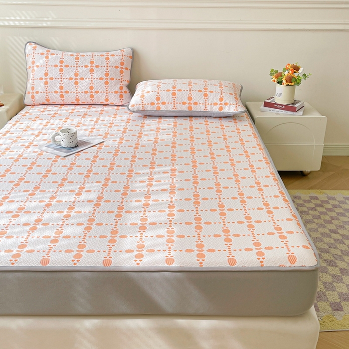 91家纺网 家纺一手货源 找家纺 LIFE.丽芙 2025春夏季新品A类针织提花冰凉豆豆凉感软席床笠三件套加厚冰丝凉席床罩单件（450克）-风格一 维塔-橘