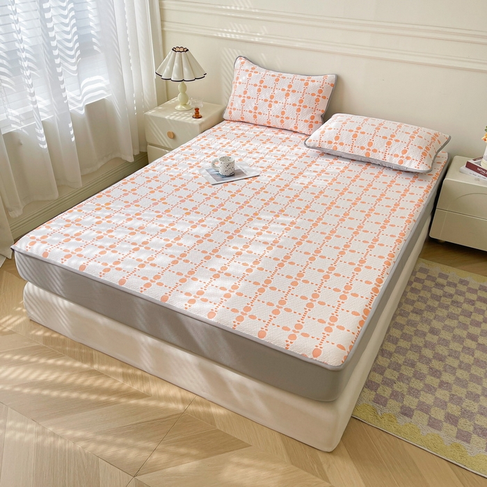 91家纺网 家纺一手货源 找家纺 LIFE.丽芙 2025春夏季新品A类针织提花冰凉豆豆凉感软席床笠三件套加厚冰丝凉席床罩单件（450克）-风格一 维塔-橘