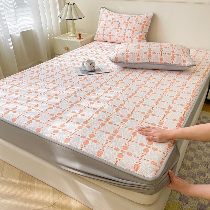 91家纺网 家纺一手货源 找家纺 LIFE.丽芙 2025春夏季新品A类针织提花冰凉豆豆凉感软席床笠三件套加厚冰丝凉席床罩单件（450克）-风格一 维塔-橘