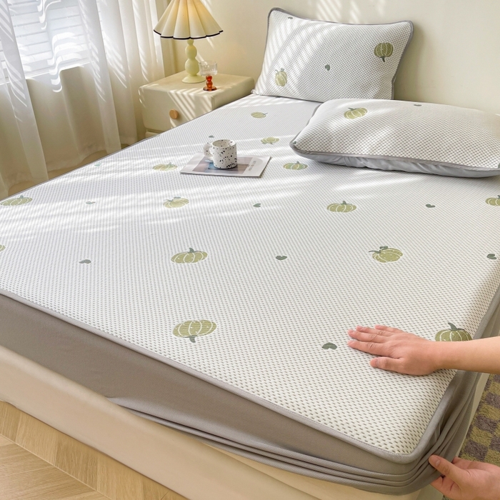 LIFE.丽芙 2025春夏季新品A类针织提花冰凉豆豆凉感软席床笠三件套加厚冰丝凉席床罩单件（450克）-风格一 南瓜-绿