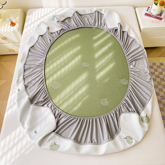 91家纺网 家纺一手货源 找家纺 LIFE.丽芙 2025春夏季新品A类针织提花冰凉豆豆凉感软席床笠三件套加厚冰丝凉席床罩单件（450克）-风格一 南瓜-绿