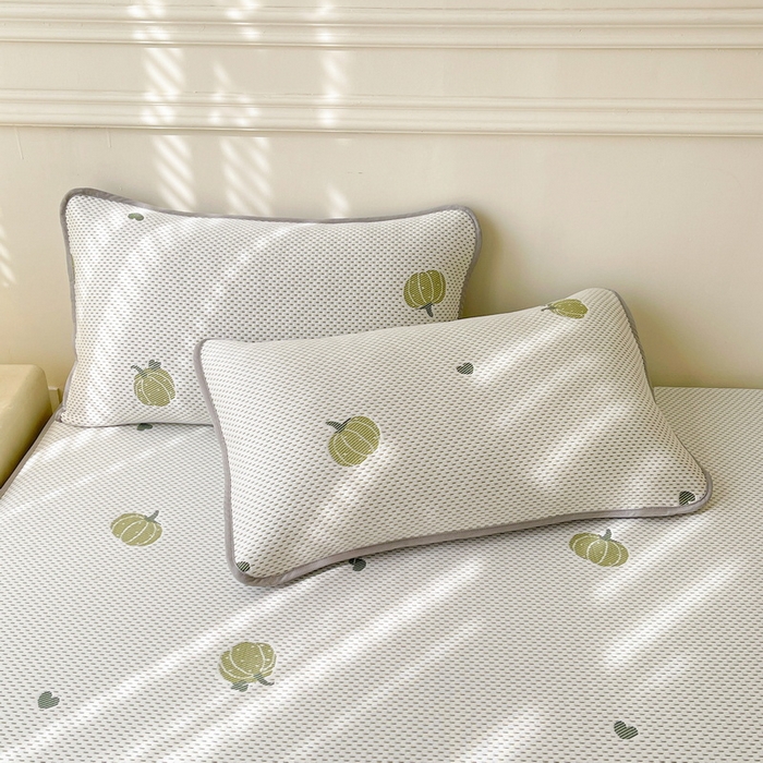 91家纺网 家纺一手货源 找家纺 LIFE.丽芙 2025春夏季新品A类针织提花冰凉豆豆凉感软席床笠三件套加厚冰丝凉席床罩单件（450克）-风格一 南瓜-绿