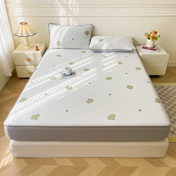 91家纺网 家纺一手货源 找家纺 LIFE.丽芙 2025春夏季新品A类针织提花冰凉豆豆凉感软席床笠三件套加厚冰丝凉席床罩单件（450克）-风格一 南瓜-绿