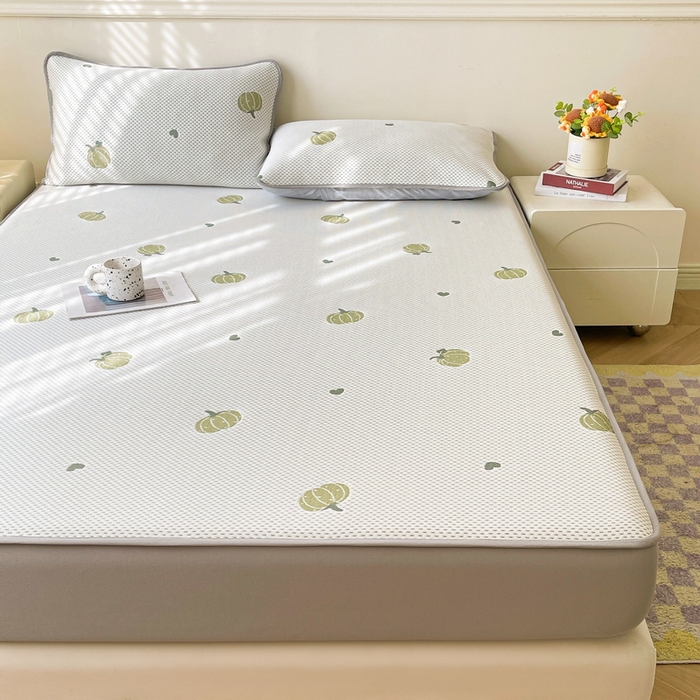 91家纺网 家纺一手货源 找家纺 LIFE.丽芙 2025春夏季新品A类针织提花冰凉豆豆凉感软席床笠三件套加厚冰丝凉席床罩单件（450克）-风格一 南瓜-绿