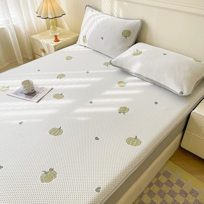 91家纺网 家纺一手货源 找家纺 LIFE.丽芙 2025春夏季新品A类针织提花冰凉豆豆凉感软席床笠三件套加厚冰丝凉席床罩单件（450克）-风格一 南瓜-绿
