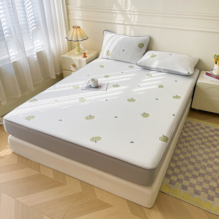 91家纺网 家纺一手货源 找家纺 LIFE.丽芙 2025春夏季新品A类针织提花冰凉豆豆凉感软席床笠三件套加厚冰丝凉席床罩单件（450克）-风格一 南瓜-绿