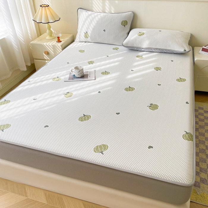91家纺网 家纺一手货源 找家纺 LIFE.丽芙 2025春夏季新品A类针织提花冰凉豆豆凉感软席床笠三件套加厚冰丝凉席床罩单件（450克）-风格一 南瓜-绿