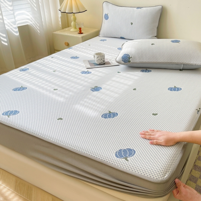 LIFE.丽芙 2025春夏季新品A类针织提花冰凉豆豆凉感软席床笠三件套加厚冰丝凉席床罩单件（450克）-风格一 南瓜-海蓝