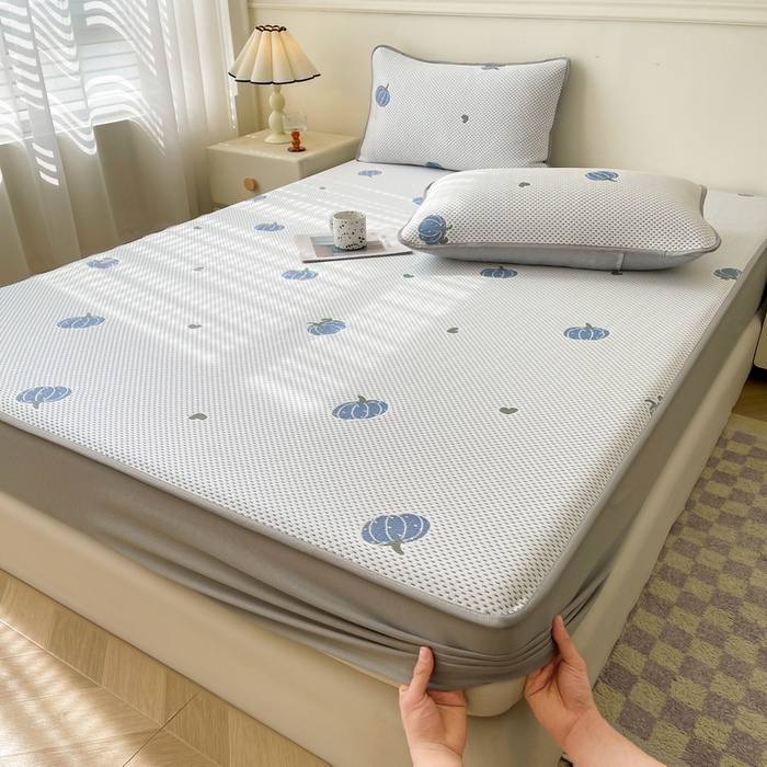 91家纺网 家纺一手货源 找家纺 LIFE.丽芙 2025春夏季新品A类针织提花冰凉豆豆凉感软席床笠三件套加厚冰丝凉席床罩单件（450克）-风格一 南瓜-海蓝