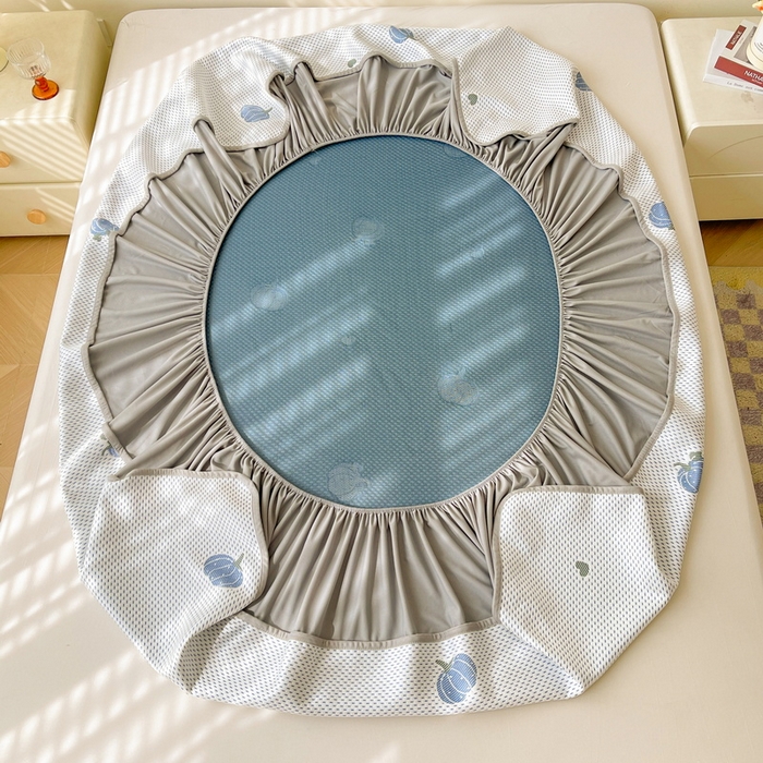 91家纺网 家纺一手货源 找家纺 LIFE.丽芙 2025春夏季新品A类针织提花冰凉豆豆凉感软席床笠三件套加厚冰丝凉席床罩单件（450克）-风格一 南瓜-海蓝