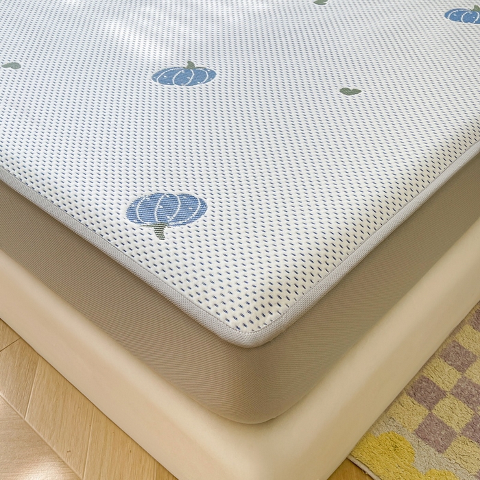 91家纺网 家纺一手货源 找家纺 LIFE.丽芙 2025春夏季新品A类针织提花冰凉豆豆凉感软席床笠三件套加厚冰丝凉席床罩单件（450克）-风格一 南瓜-海蓝