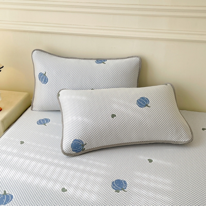 91家纺网 家纺一手货源 找家纺 LIFE.丽芙 2025春夏季新品A类针织提花冰凉豆豆凉感软席床笠三件套加厚冰丝凉席床罩单件（450克）-风格一 南瓜-海蓝