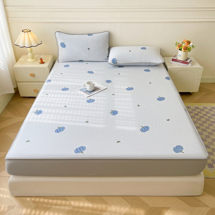 91家纺网 家纺一手货源 找家纺 LIFE.丽芙 2025春夏季新品A类针织提花冰凉豆豆凉感软席床笠三件套加厚冰丝凉席床罩单件（450克）-风格一 南瓜-海蓝