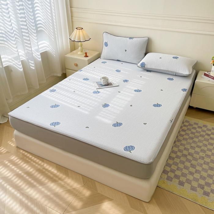 91家纺网 家纺一手货源 找家纺 LIFE.丽芙 2025春夏季新品A类针织提花冰凉豆豆凉感软席床笠三件套加厚冰丝凉席床罩单件（450克）-风格一 南瓜-海蓝