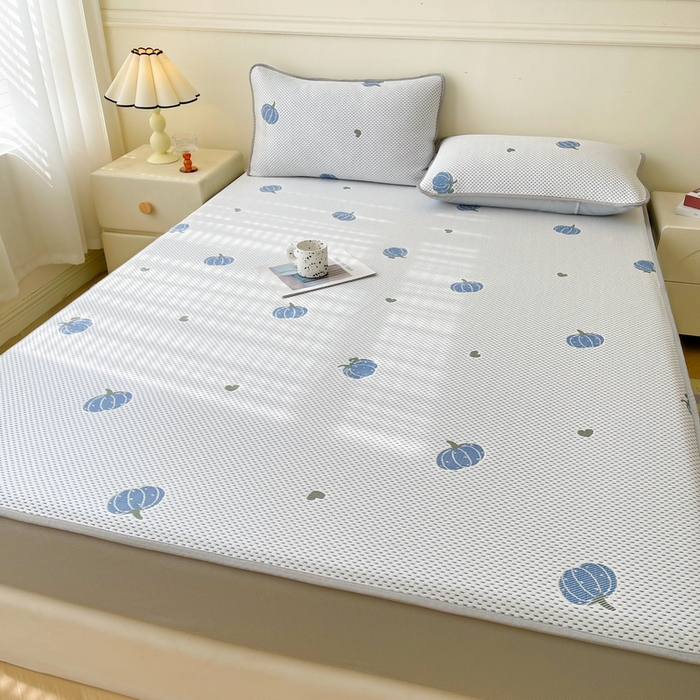 91家纺网 家纺一手货源 找家纺 LIFE.丽芙 2025春夏季新品A类针织提花冰凉豆豆凉感软席床笠三件套加厚冰丝凉席床罩单件（450克）-风格一 南瓜-海蓝