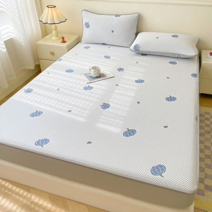 91家纺网 家纺一手货源 找家纺 LIFE.丽芙 2025春夏季新品A类针织提花冰凉豆豆凉感软席床笠三件套加厚冰丝凉席床罩单件（450克）-风格一 南瓜-海蓝