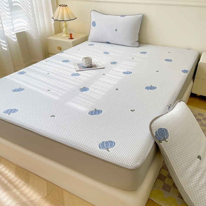 91家纺网 家纺一手货源 找家纺 LIFE.丽芙 2025春夏季新品A类针织提花冰凉豆豆凉感软席床笠三件套加厚冰丝凉席床罩单件（450克）-风格一 南瓜-海蓝