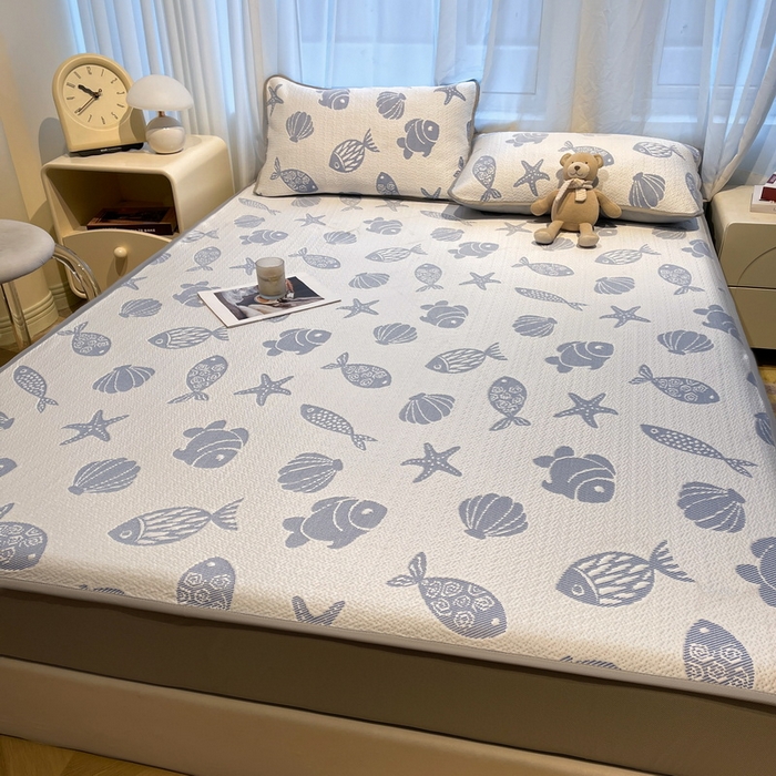 91家纺网 家纺一手货源 找家纺 LIFE.丽芙 2025春夏季新品A类针织提花冰凉豆豆凉感软席床笠三件套加厚冰丝凉席床罩单件（450克）-风格二 海底世界-海蓝