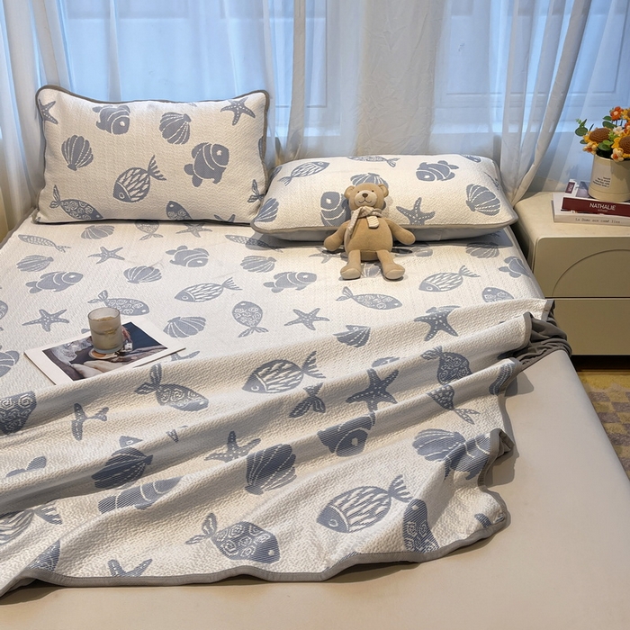 91家纺网 家纺一手货源 找家纺 LIFE.丽芙 2025春夏季新品A类针织提花冰凉豆豆凉感软席床笠三件套加厚冰丝凉席床罩单件（450克）-风格二 海底世界-海蓝