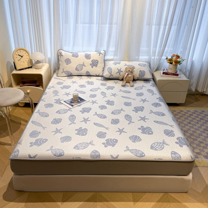 91家纺网 家纺一手货源 找家纺 LIFE.丽芙 2025春夏季新品A类针织提花冰凉豆豆凉感软席床笠三件套加厚冰丝凉席床罩单件（450克）-风格二 海底世界-海蓝